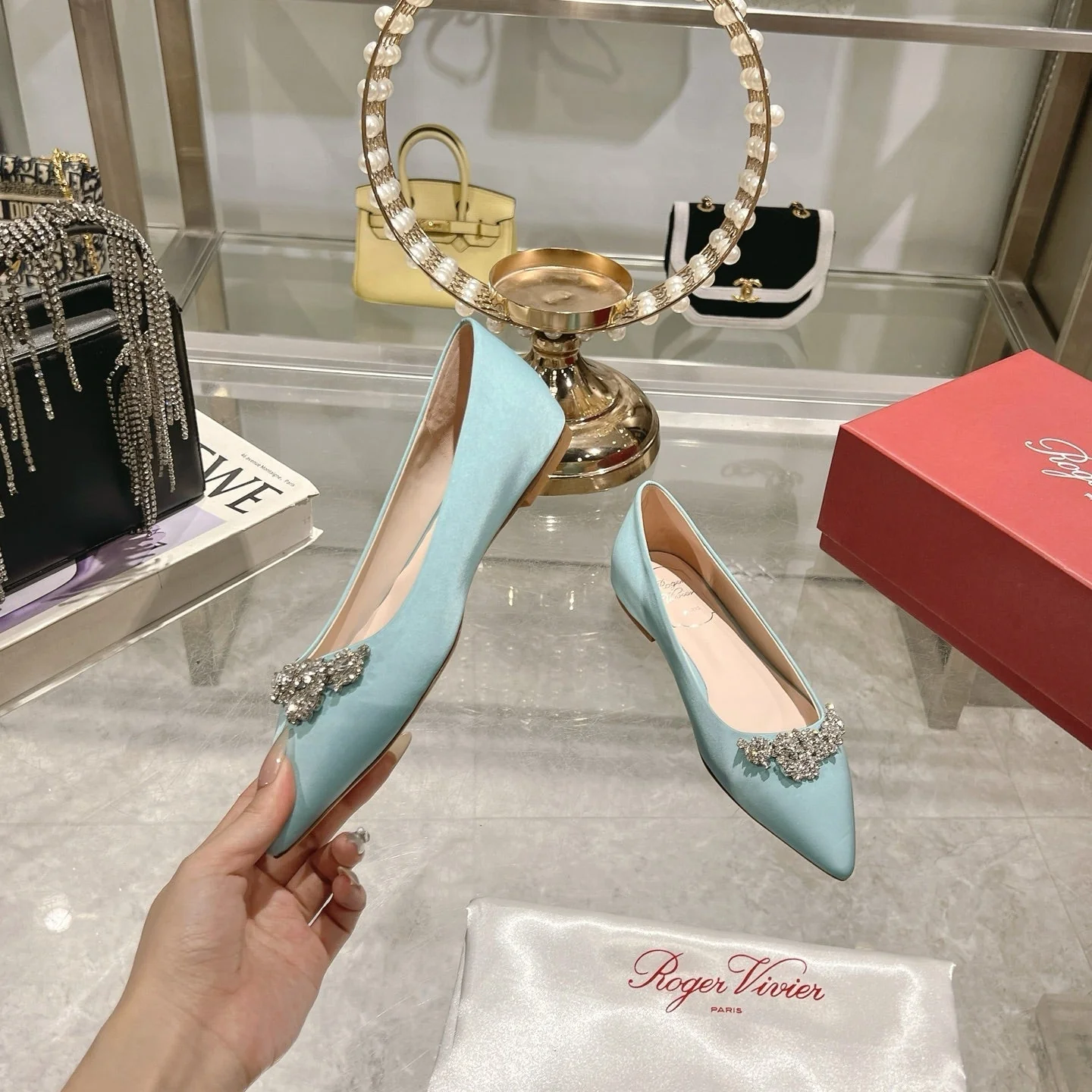 Viv 25 Crystal Diamond Buckle Flats Blue Silk Satin 235394 - Image 9