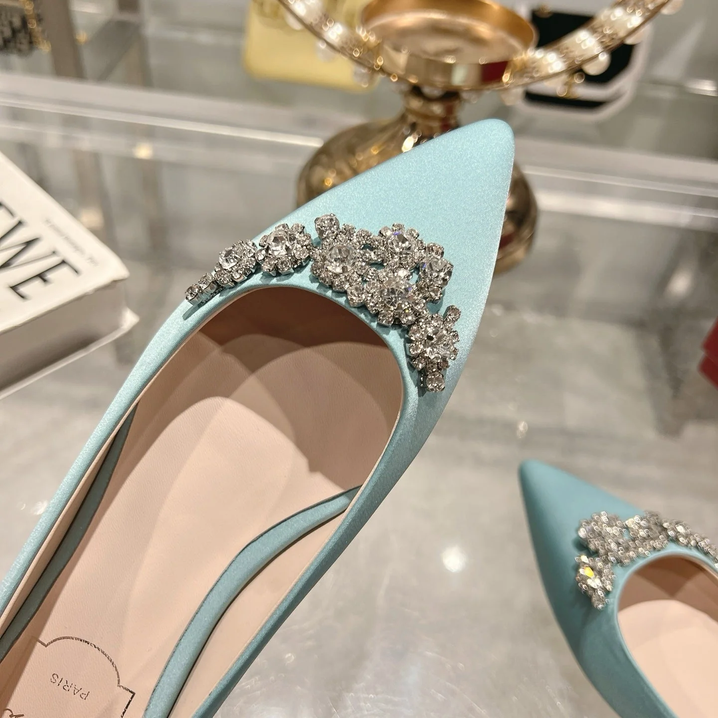 Viv 25 Crystal Diamond Buckle Flats Blue Silk Satin 235394 - Image 8