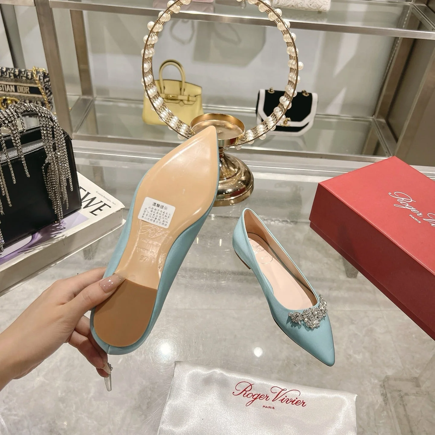 Viv 25 Crystal Diamond Buckle Flats Blue Silk Satin 235394 - Image 4