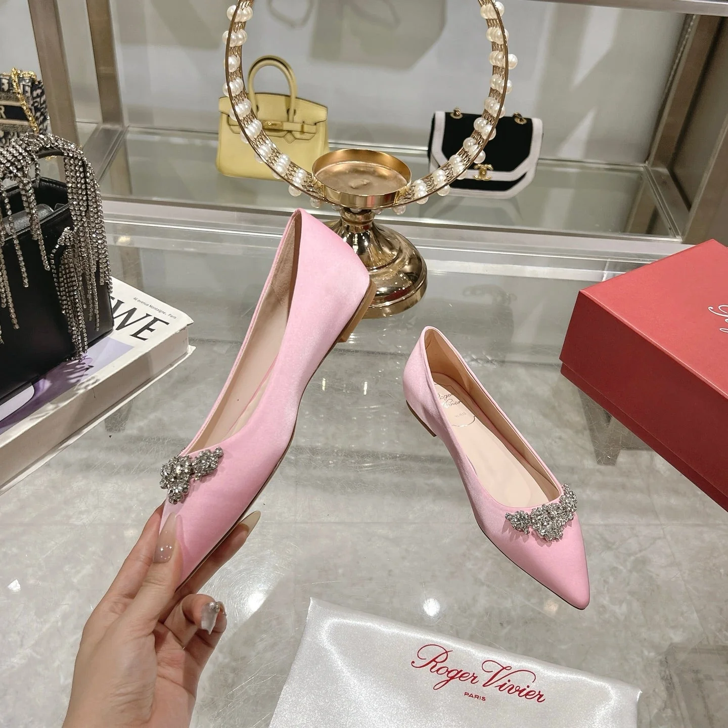 Viv 25 Crystal Diamond Buckle Flats Pink Silk Satin 235395 - Image 4