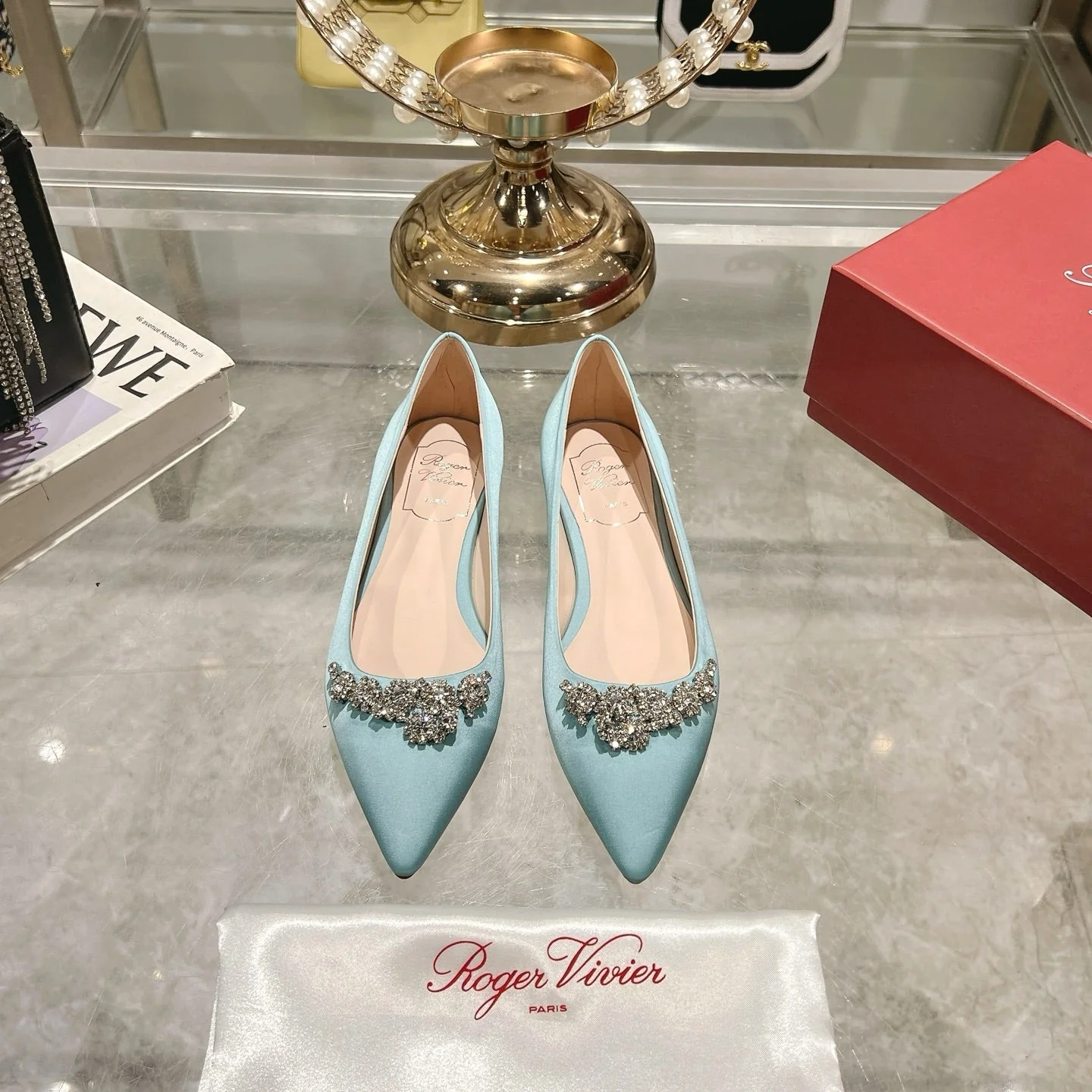 Viv 25 Crystal Diamond Buckle Flats Blue Silk Satin 235394 - Image 3