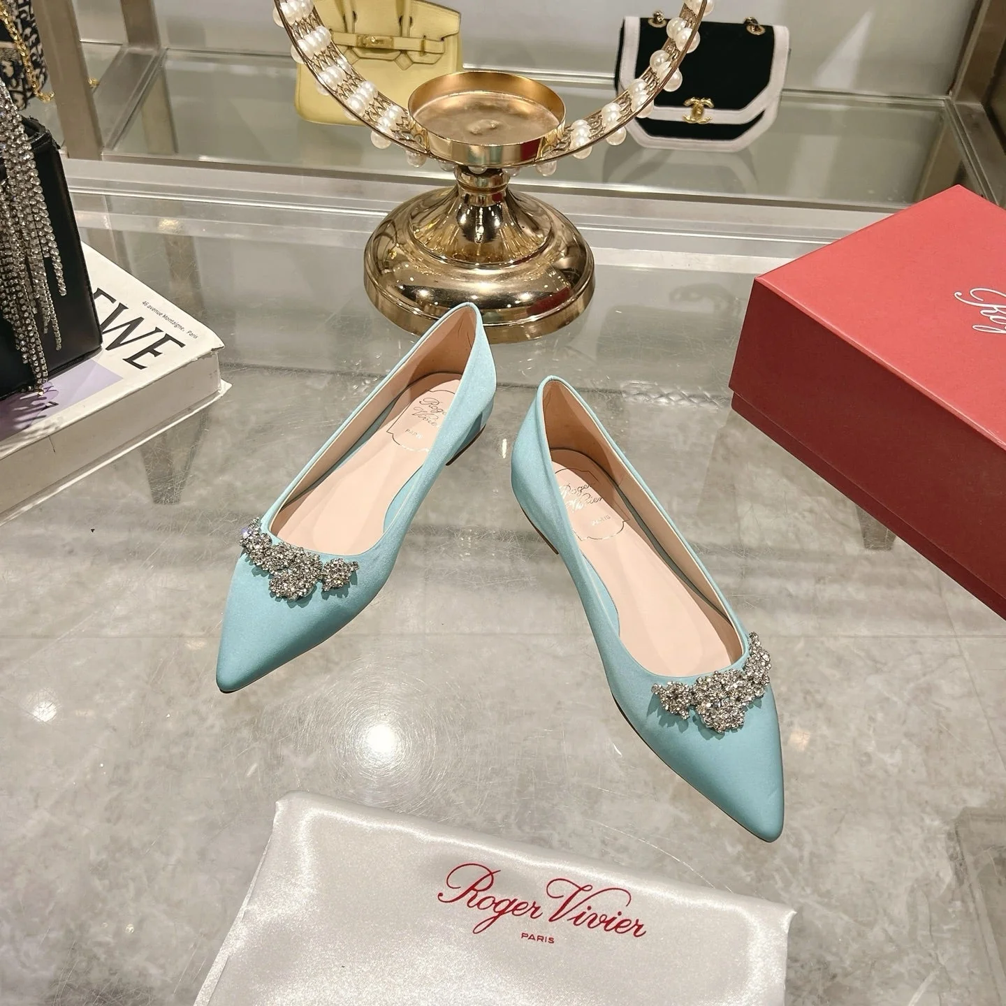 Viv 25 Crystal Diamond Buckle Flats Blue Silk Satin 235394 - Image 6