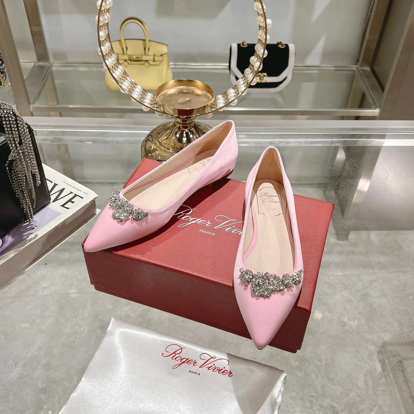 Viv 25 Crystal Diamond Buckle Flats Pink Silk Satin 235395 - Image 6