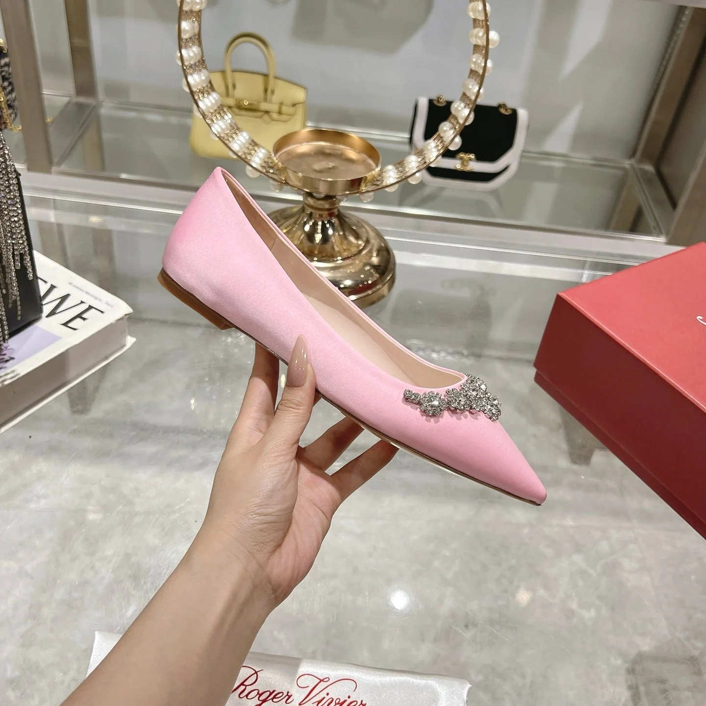 Viv 25 Crystal Diamond Buckle Flats Pink Silk Satin 235395 - Image 7