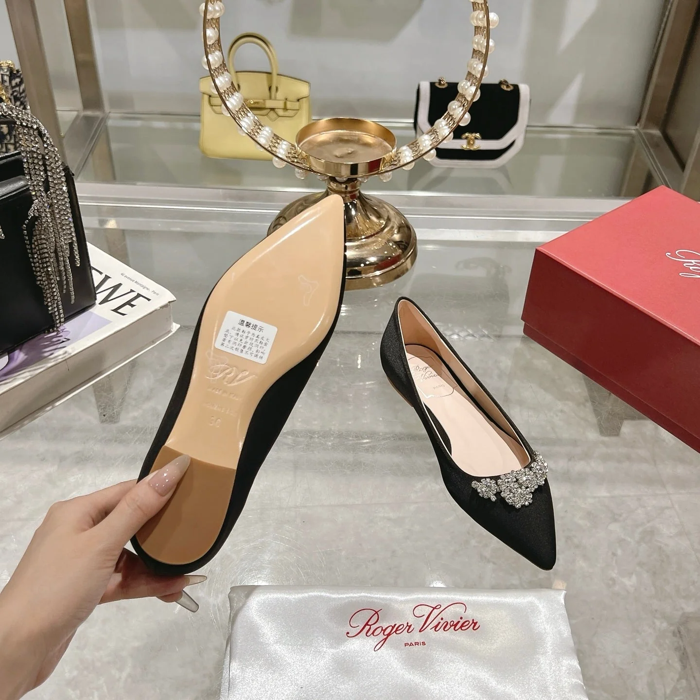 Viv 25 Crystal Diamond Buckle Flats Black Silk Satin 235396 - Image 7