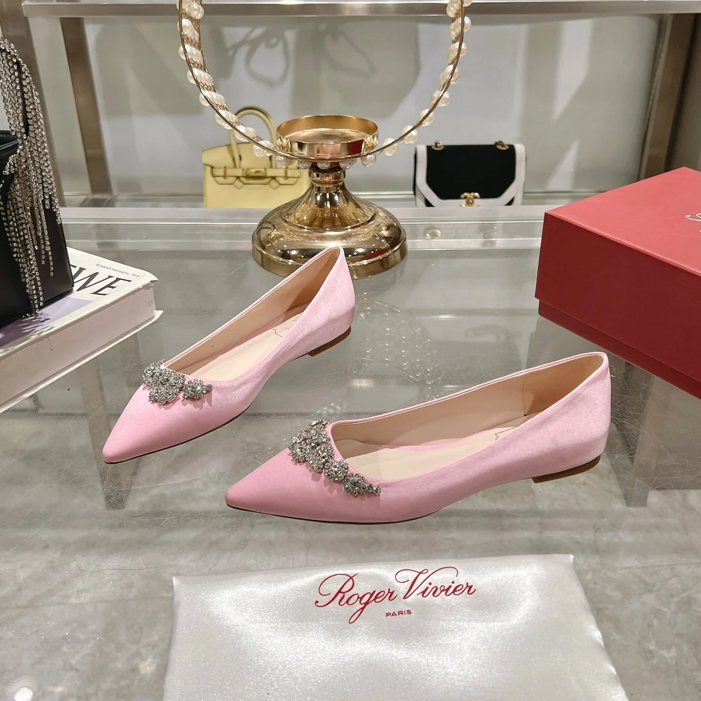 Viv 25 Crystal Diamond Buckle Flats Pink Silk Satin 235395 - Image 9