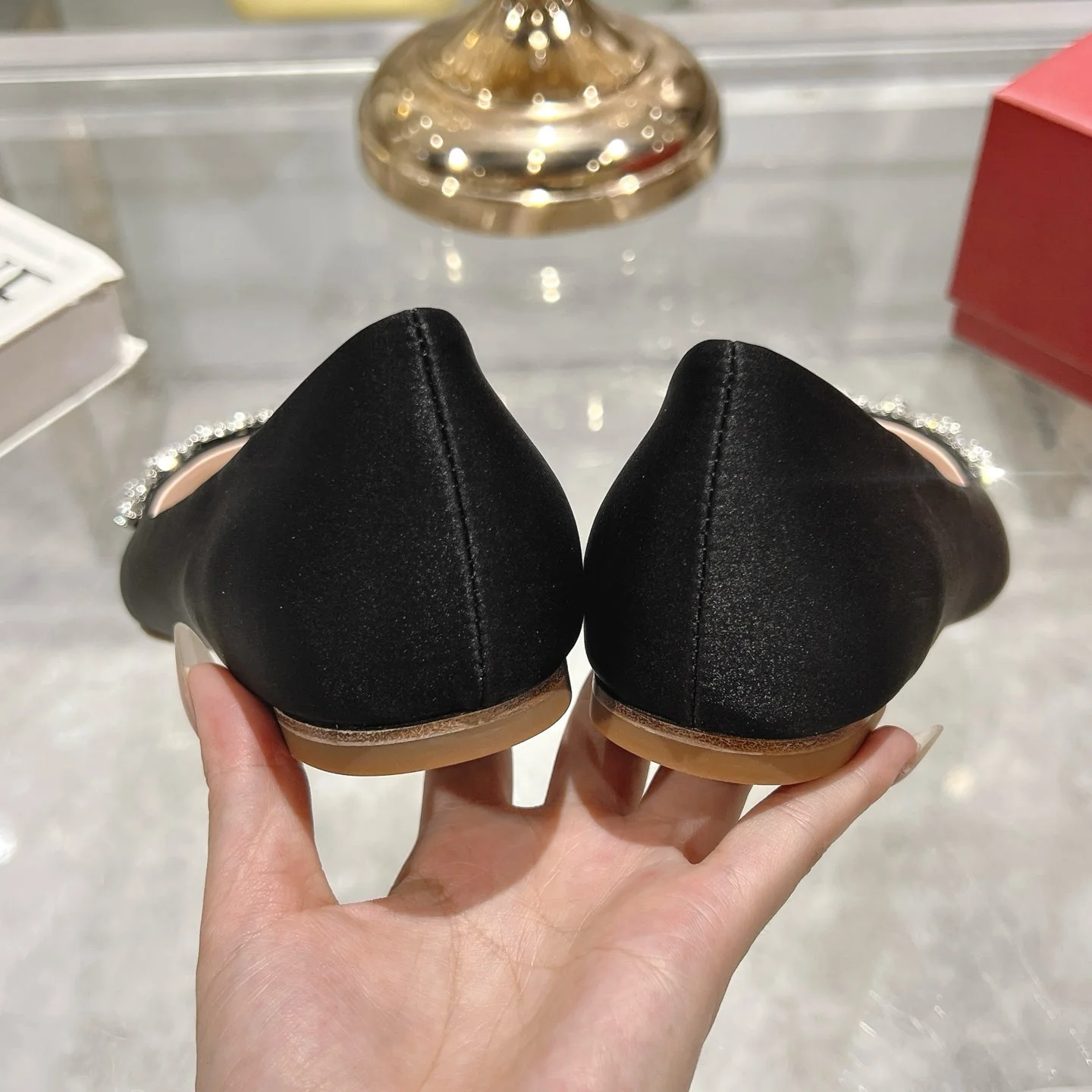 Viv 25 Crystal Diamond Buckle Flats Black Silk Satin 235396 - Image 5