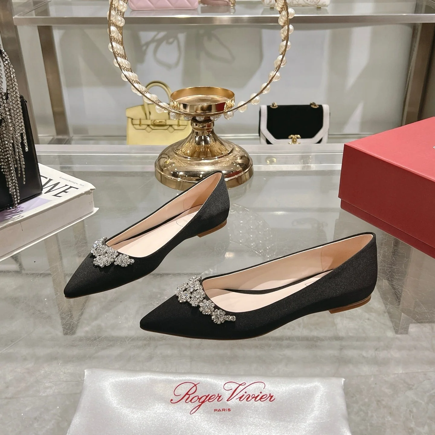 Viv 25 Crystal Diamond Buckle Flats Black Silk Satin 235396 - Image 4