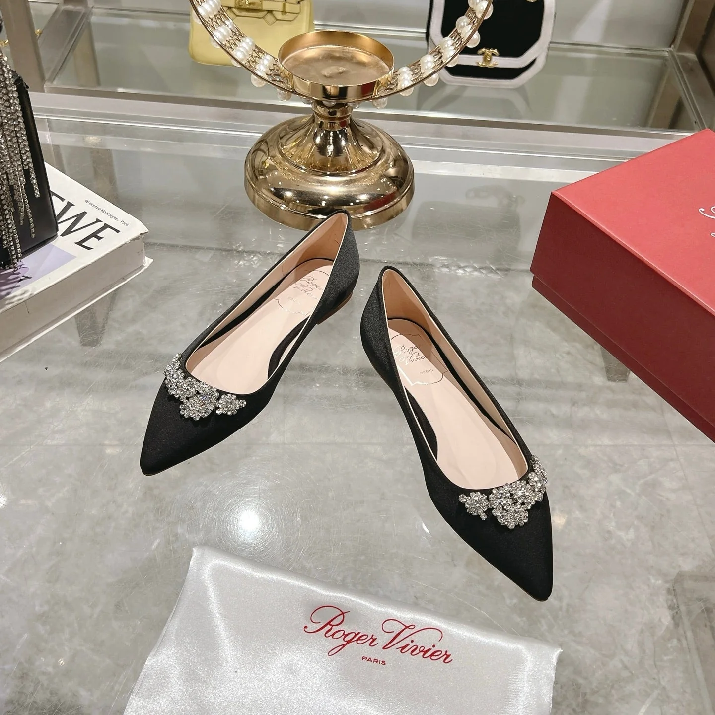 Viv 25 Crystal Diamond Buckle Flats Black Silk Satin 235396 - Image 6