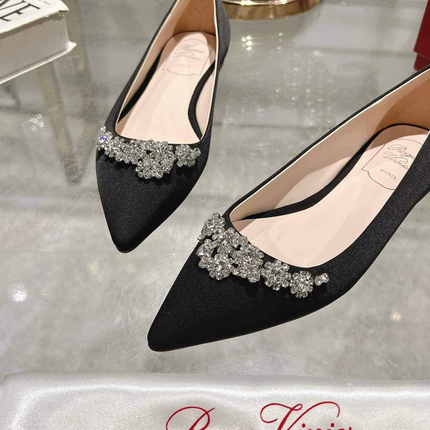 Viv 25 Crystal Diamond Buckle Flats Black Silk Satin 235396 - Image 2