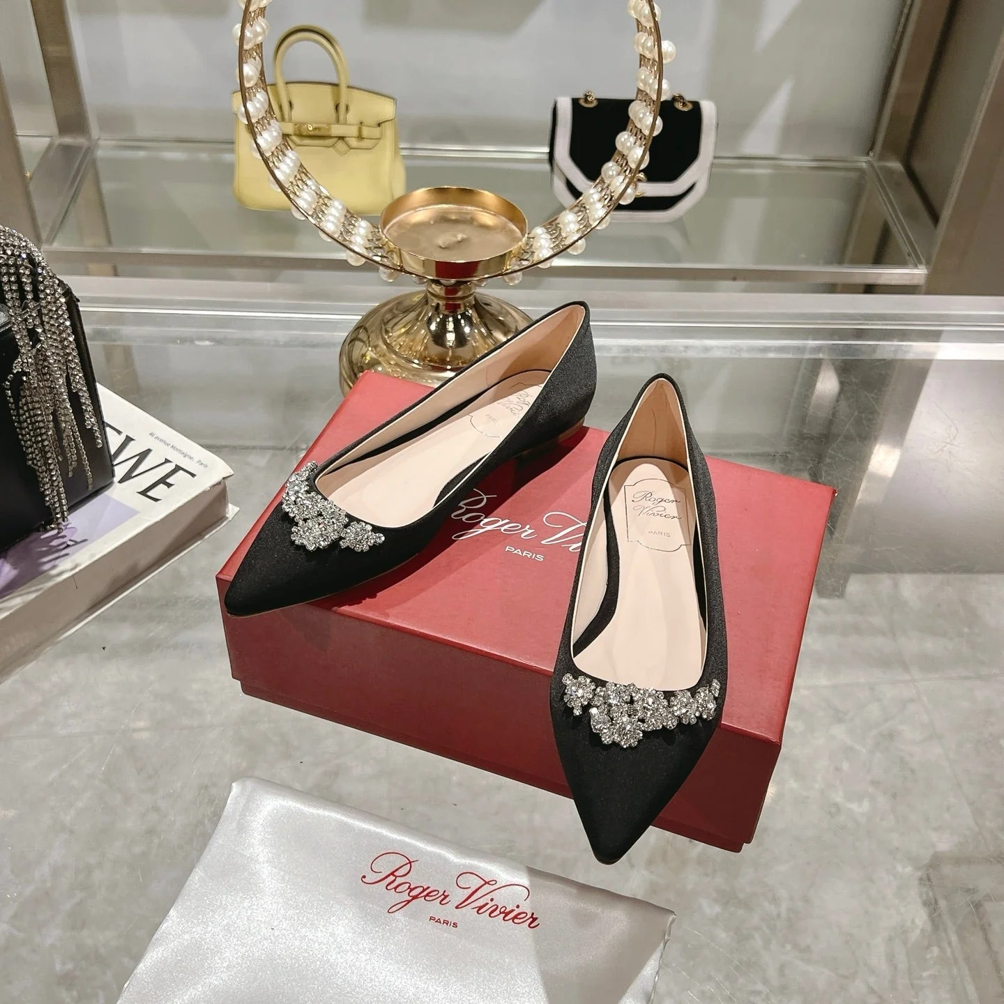 Viv 25 Crystal Diamond Buckle Flats Black Silk Satin 235396 - Image 8