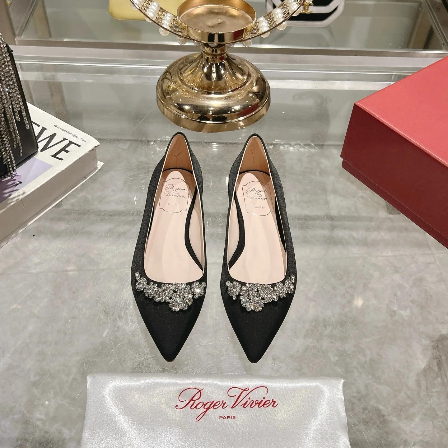 Viv 25 Crystal Diamond Buckle Flats Black Silk Satin 235396