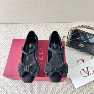 VT 25 Bow Diamond Marry Jane Flat Black Silk