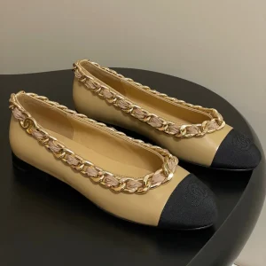 Chanel 25A Ballet Flats Big Chain Double C Beige Black Sheepskin 393818