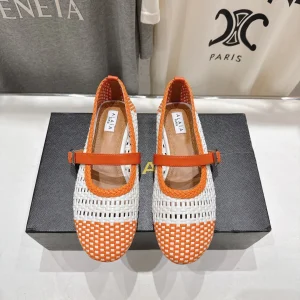 ALAIA MARY JANE FLATS WHITE MIX ORANGE WOVEN CALFSKIN PATTERN