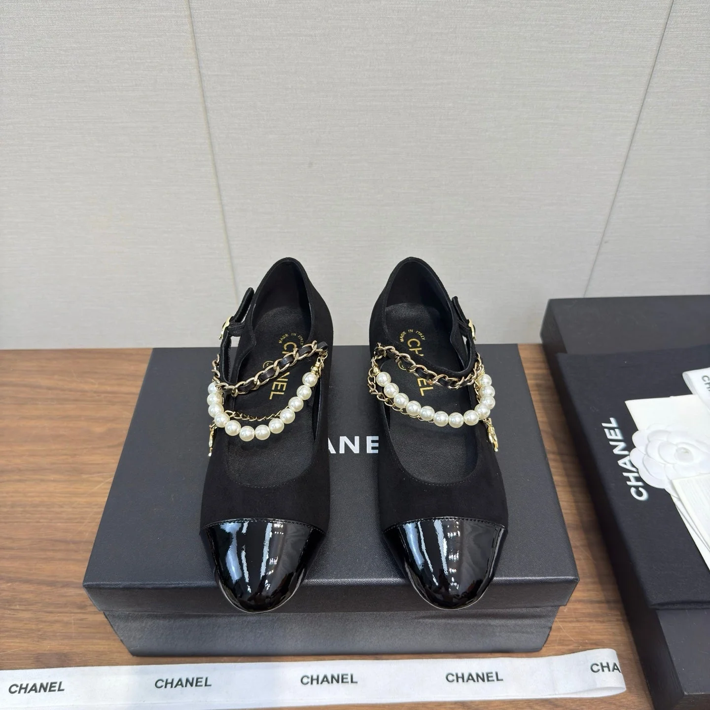 Chanel 25 Mary Jane Ankle Chain Ballet Flat black Suede Cowhide 465597 - Image 4