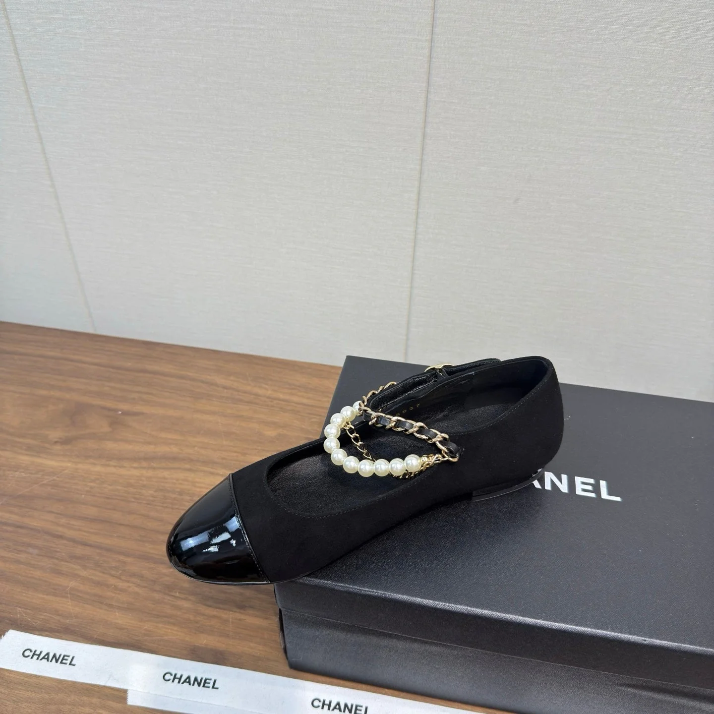 Chanel 25 Mary Jane Ankle Chain Ballet Flat black Suede Cowhide 465597 - Image 5
