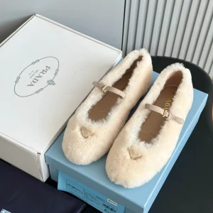 Prada 25s Mary Jane Ballet Flats White Wool 538456
