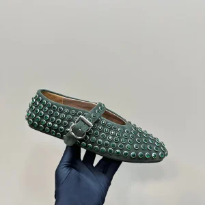 Alaia Strass Suede Ballet Flats In Dark Green 999318