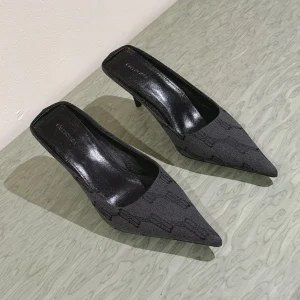 POINTED HIGH MULES IN BLACK MONOGRAM JACQUARD FABRIC