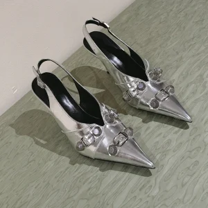 CAGOLE HIGH SLINGBACK IN SILVER GLOSSY CALFSKIN