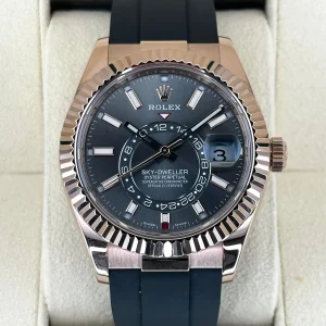 2022 Rolex Sky-Dweller 42mm 326235 Rose Gold Oysterflex Rhodium Dial