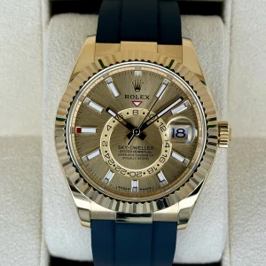 2024 Rolex Sky-Dweller 42mm 336238 Yellow Gold Oysterflex Champagne Dial