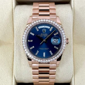 NEW 2025 Rolex Day-Date 36mm 128345RBR Rose Gold Blue Baguette Dial