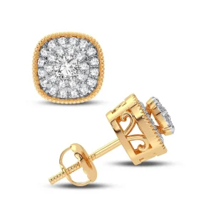 Cushion-Cut Diamond Halo Stud Earrings - 14K Yellow Gold
