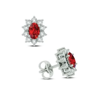 Ruby Red Gemstone Earrings - 10K White Gold 0.04CT Diamonds