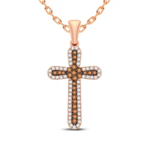 Warm 14K Rose Gold 1CT Chocolate and White Diamond Cross Pendant