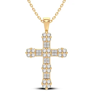 Illuminated 14K Yellow Gold 0.50CT Baguette and Round Diamond Cross Pendant