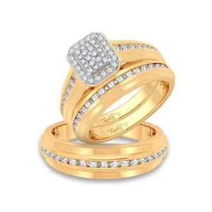 Luminous Mosaic: 14K Yellow Gold 0.90CT Diamond Trio Wedding Set