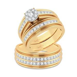 Elegant Embrace: 14K Yellow Gold 0.86CT Diamond Trio Wedding Set