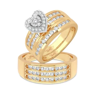 Heartfelt Harmony: 14K Yellow Gold 1.44CT Diamond Trio Wedding Set