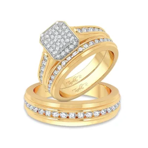 Geometric Grace: 14K Yellow Gold 1.42CT Diamond Trio Wedding Set