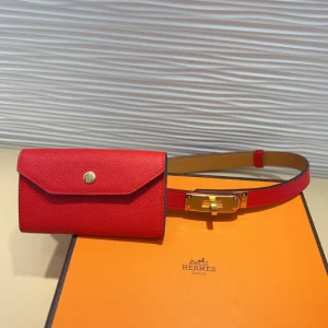HM KELLY POCKET 18MM BELT CHERRY RED LEATHER GOLD HARDWARE