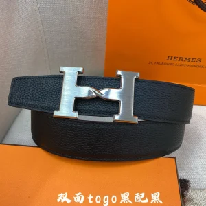 HM H BELT BUCKLE & REVERSIBLE BLACK LEATHER STRAP 38MM SILVER HARDWARE