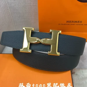 HM H BELT BUCKLE & REVERSIBLE BLACK LEATHER STRAP 38MM GOLD HARDWARE