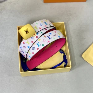 LV 35 MM BELT MULTICOLOR WHITE MIX LIGHT PINK MONOGRAM CALFSKIN GOLD HARDWARE