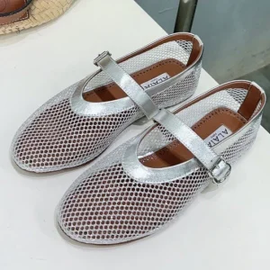 Alaia 25 Laminated Fishnet Ballet Flats Silver Lambskin 677174