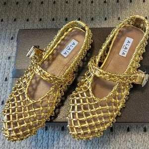 Alaia 25 Woven Ballet Flats Gold Metallic Leather 303675