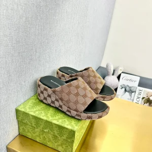 WEDGE SANDALS IN LIGHT BROWN MONOGRAM JACQUARD FABRIC