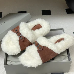 Balenciaga Classic Buckle Slippers White Red Brown Wool 535028