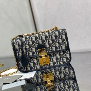 CD embroidered chain bag 24 dark blue leather cotton