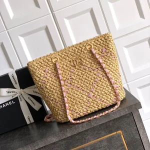 CC Braided Shopping Bag Double C logo Beige Pink Raffia