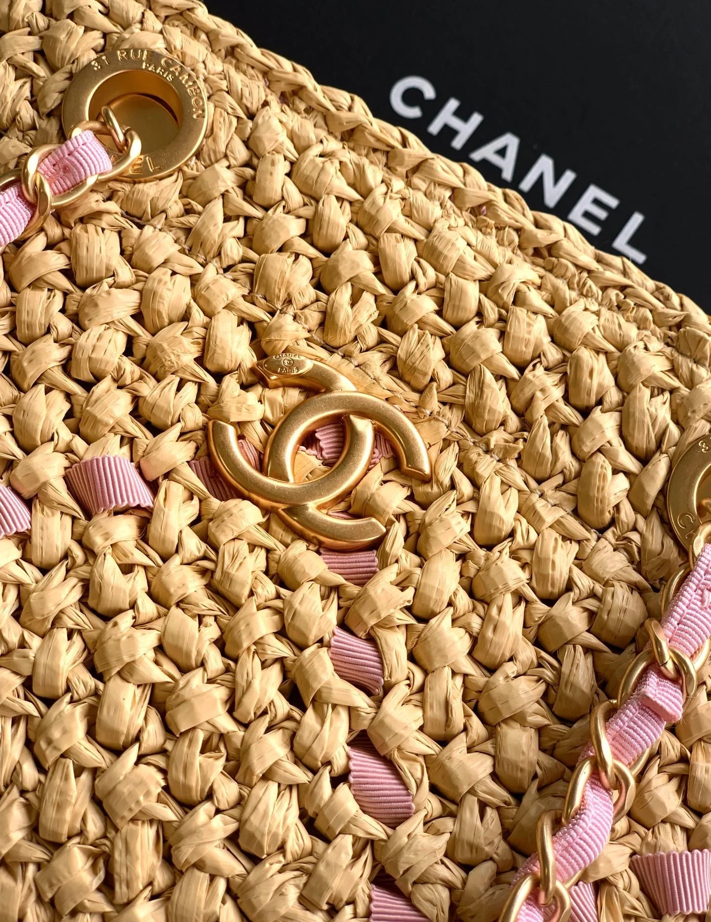 CC Braided Shopping Bag Double C logo Beige Pink Raffia - Image 6