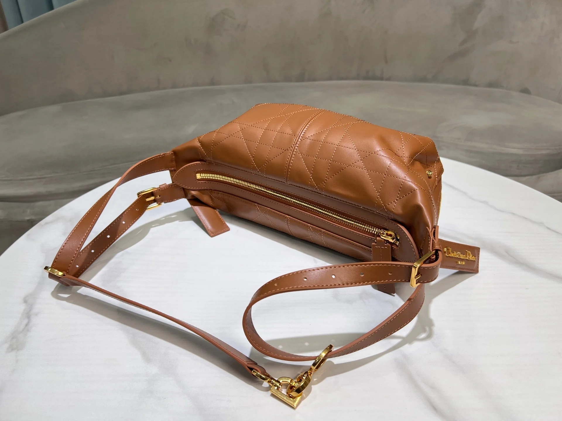 CD  Hobo Bag 23 With Chain Brown Calfskin - Image 9