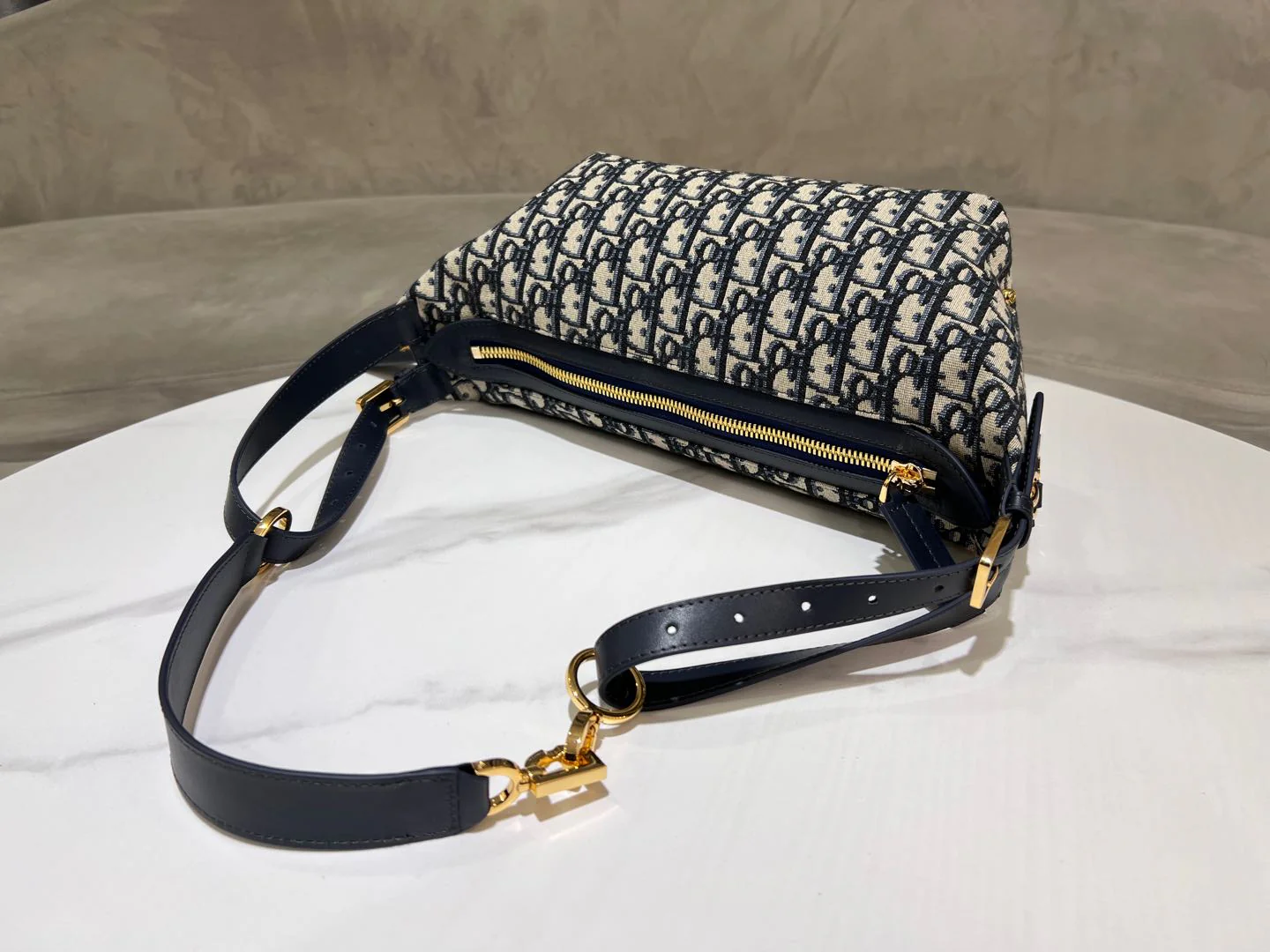 CD Jacquard Hobo Bag 23 With Chain Dark Blue White Canvas - Image 3