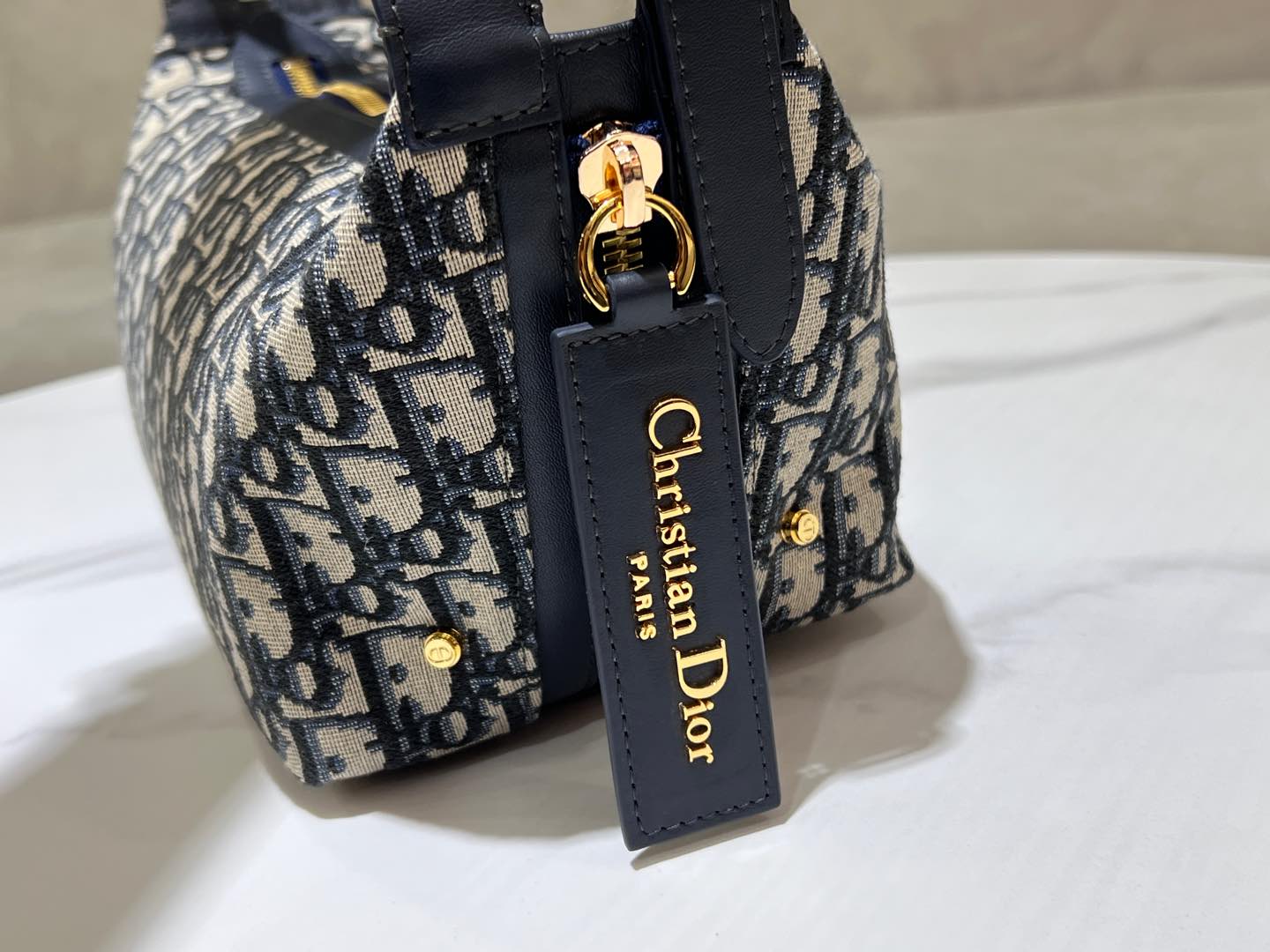 CD Jacquard Hobo Bag 23 With Chain Dark Blue White Canvas - Image 5